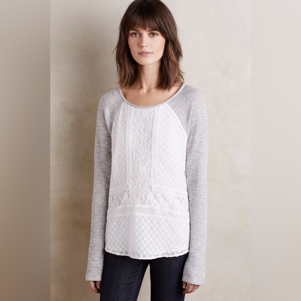 Sunday in Brooklyn Anthropologie white gray lace raglan blouse long sleeve